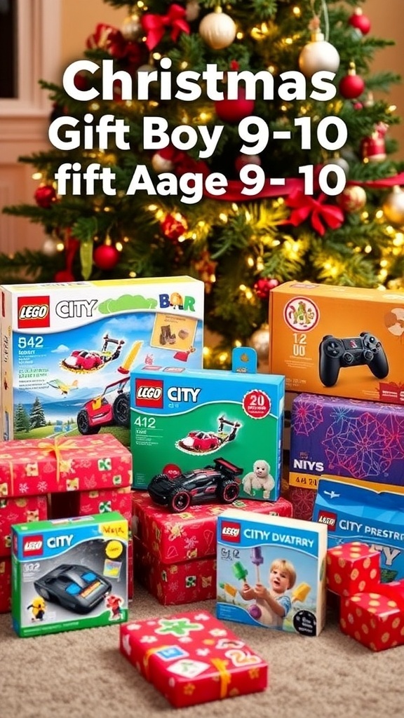 A collection of Christmas gifts for boys including LEGO sets, remote control cars, and board games under a Christmas tree.